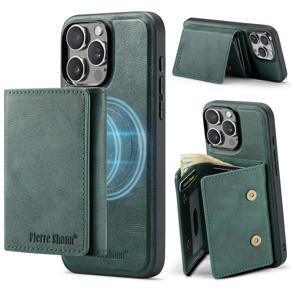 Luxury iPhone Case — MagSafe Detachable Leather Wallet Cover with Magnetic Stand, 5-Card Storage, Retro Design and Wireless-Charging Safe Back Case