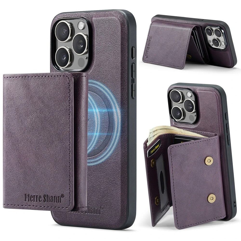 Luxury iPhone Case — MagSafe Detachable Leather Wallet Cover with Magnetic Stand, 5-Card Storage, Retro Design and Wireless-Charging Safe Back Case