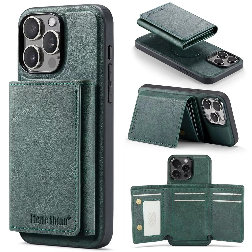 Luxury iPhone Case — MagSafe Detachable Leather Wallet Cover with Magnetic Stand, 5-Card Storage, Retro Design and Wireless-Charging Safe Back Case