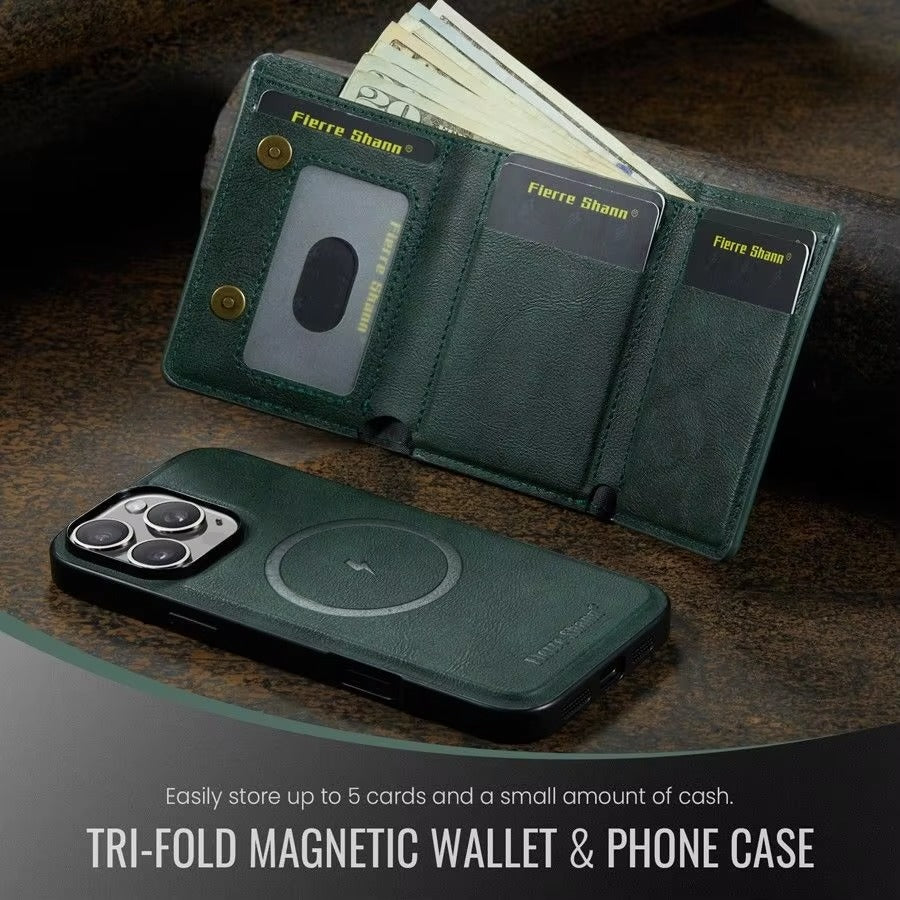 Luxury iPhone Case — MagSafe Detachable Leather Wallet Cover with Magnetic Stand, 5-Card Storage, Retro Design and Wireless-Charging Safe Back Case