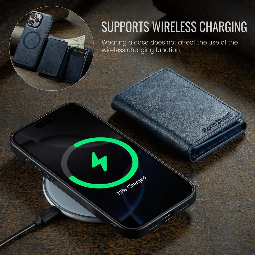 Luxury iPhone Case — MagSafe Detachable Leather Wallet Cover with Magnetic Stand, 5-Card Storage, Retro Design and Wireless-Charging Safe Back Case