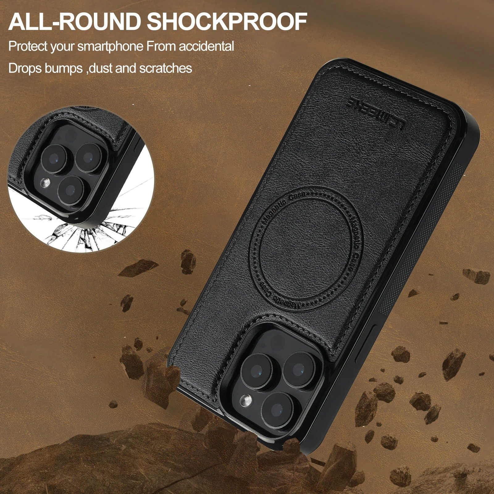 Luxury iPhone Case — MagSafe Detachable PU Leather Wallet Cover with Card Holder, Magnetic Back, Wireless-Charging Safe and Anti-Fingerprint Design