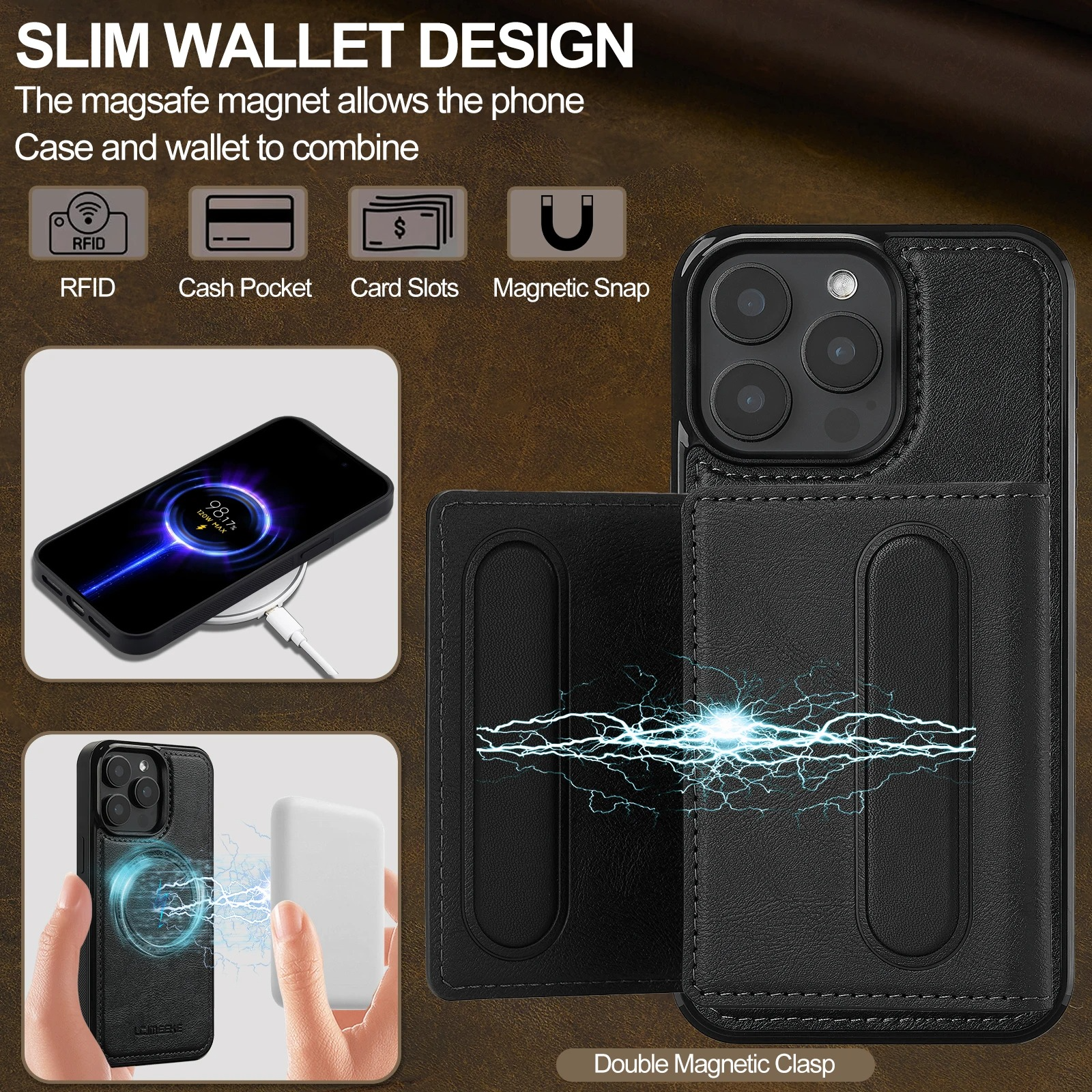 Luxury iPhone Case — MagSafe Detachable PU Leather Wallet Cover with Card Holder, Magnetic Back, Wireless-Charging Safe and Anti-Fingerprint Design