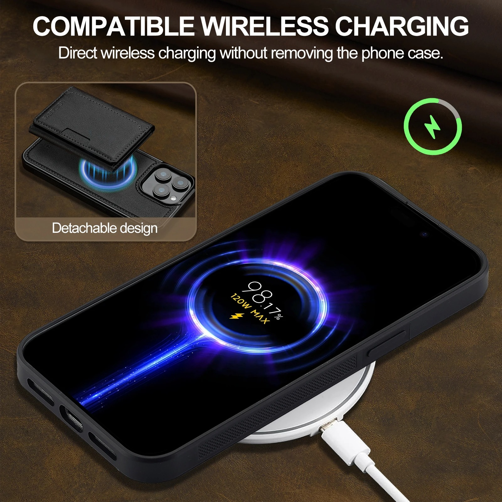 Luxury iPhone Case — MagSafe Detachable PU Leather Wallet Cover with Card Holder, Magnetic Back, Wireless-Charging Safe and Anti-Fingerprint Design