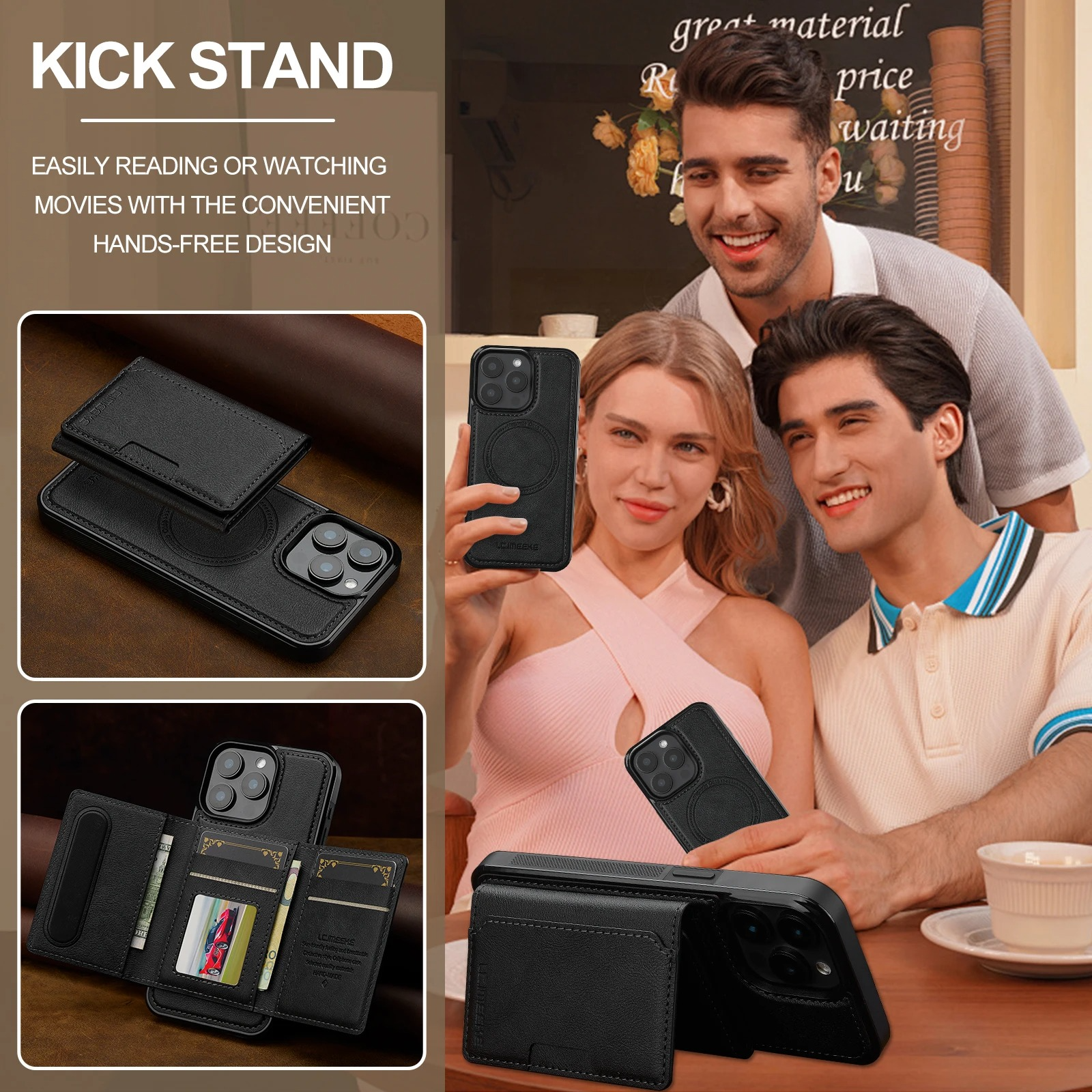 Luxury iPhone Case — MagSafe Detachable PU Leather Wallet Cover with Card Holder, Magnetic Back, Wireless-Charging Safe and Anti-Fingerprint Design