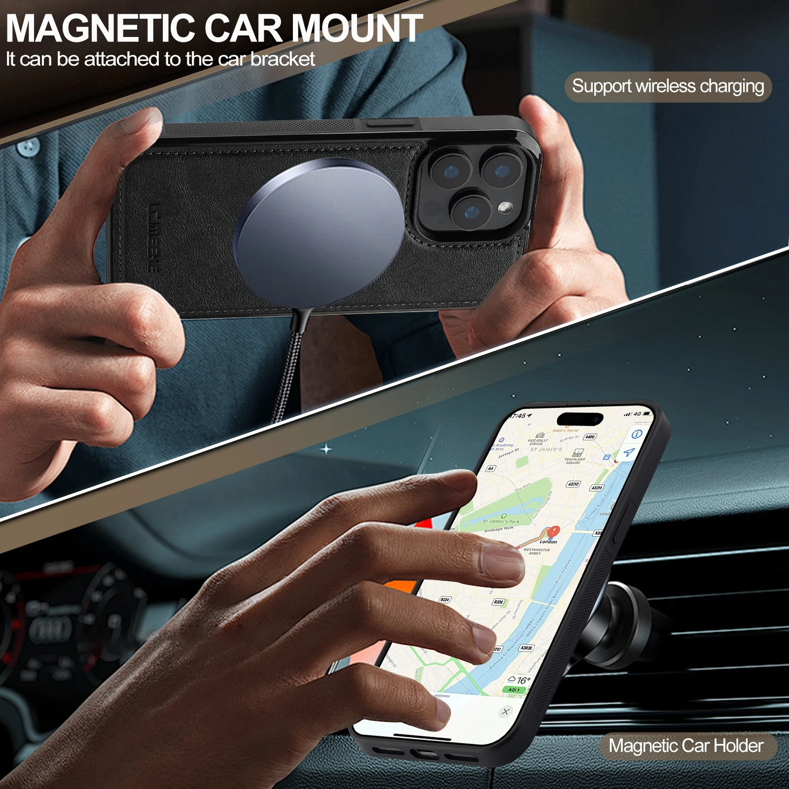 Luxury iPhone Case — MagSafe Detachable PU Leather Wallet Cover with Card Holder, Magnetic Back, Wireless-Charging Safe and Anti-Fingerprint Design