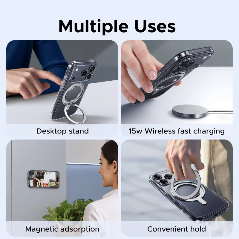 Luxury iPhone Case — MagSafe Magnetic 360° Rotating Stand Cover with PC+TPU Protection, Anti-Fingerprint Non-Slip Design and Dustproof Transparent Finish