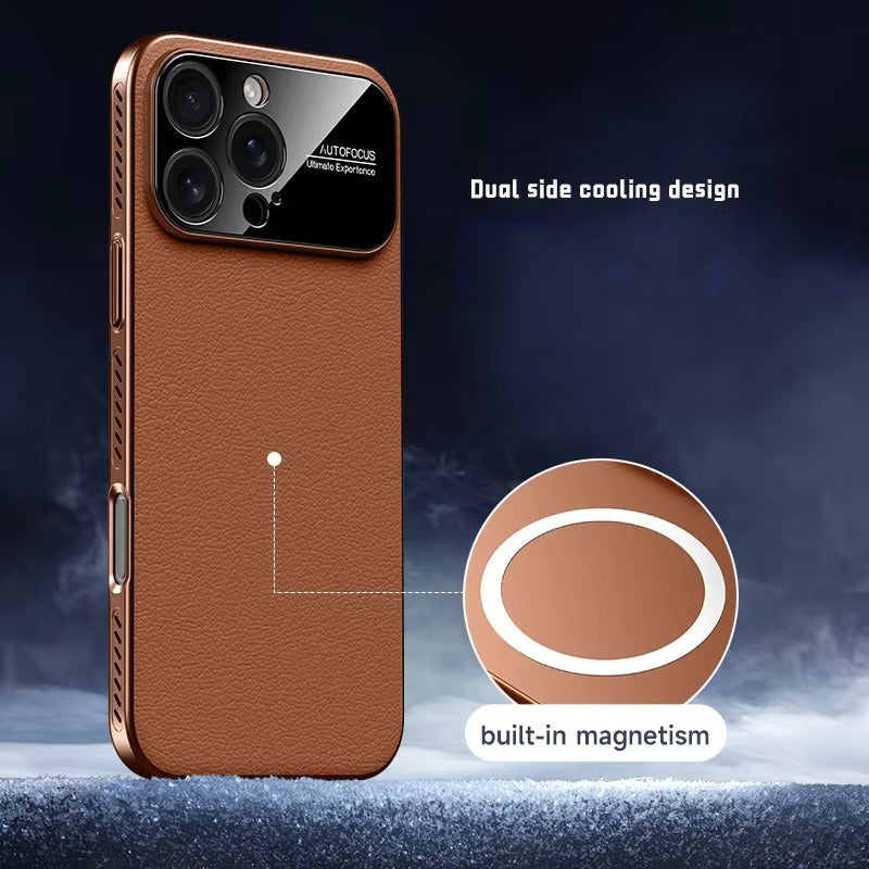 Luxury iPhone Case — MagSafe Magnetic Solid-Color Leather Border Cover with Heat-Dissipation Bumper, Large Camera Window & Shockproof Anti-Fingerprint Design