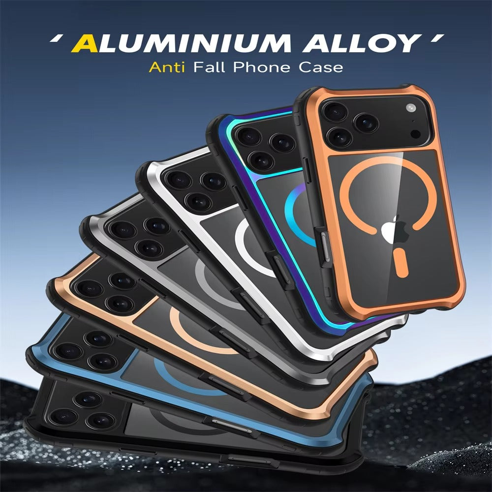Luxury iPhone Case — Magnetic Aluminum-Frame Transparent Cover with Shockproof Hard PC Back and MagSafe Wireless-Charging Safe Design