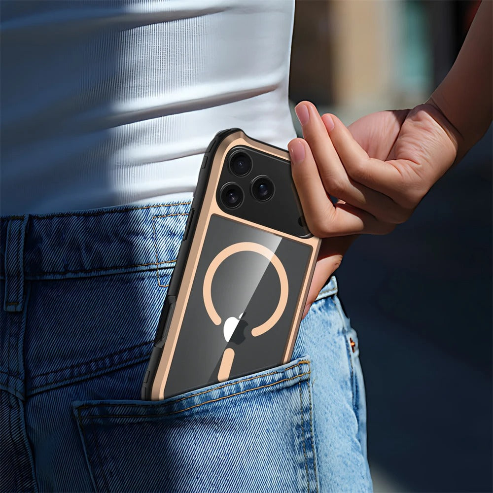 Luxury iPhone Case — Magnetic Aluminum-Frame Transparent Cover with Shockproof Hard PC Back and MagSafe Wireless-Charging Safe Design