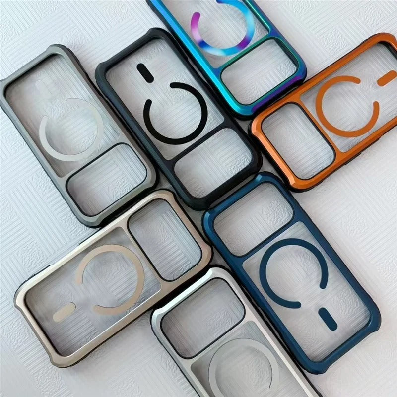 Luxury iPhone Case — Magnetic Aluminum-Frame Transparent Cover with Shockproof Hard PC Back and MagSafe Wireless-Charging Safe Design