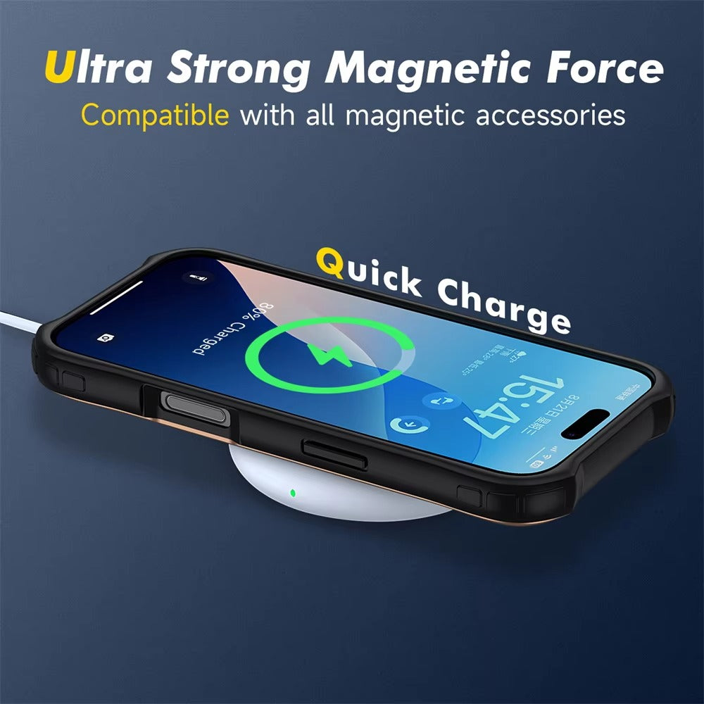 Luxury iPhone Case — Magnetic Aluminum-Frame Transparent Cover with Shockproof Hard PC Back and MagSafe Wireless-Charging Safe Design