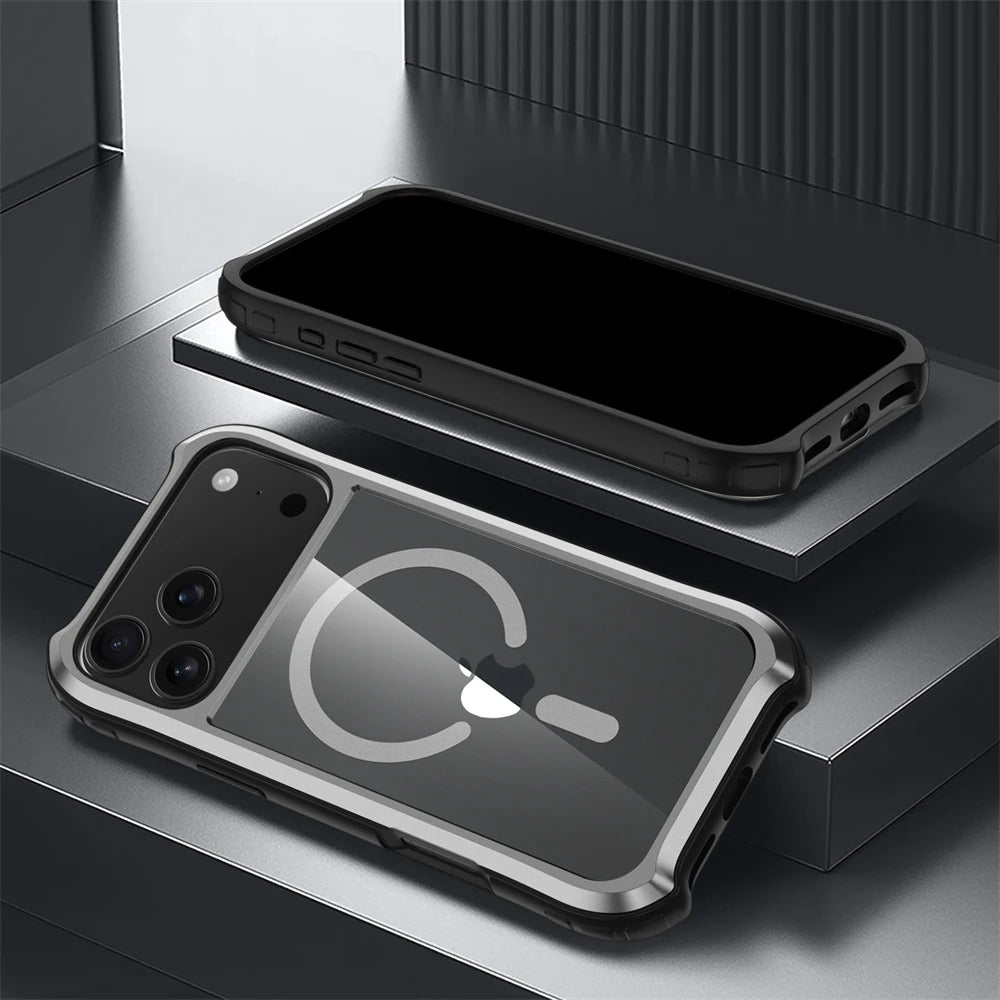 Luxury iPhone Case — Magnetic Aluminum-Frame Transparent Cover with Shockproof Hard PC Back and MagSafe Wireless-Charging Safe Design