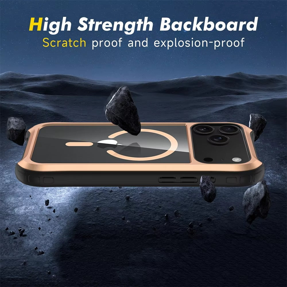 Luxury iPhone Case — Magnetic Aluminum-Frame Transparent Cover with Shockproof Hard PC Back and MagSafe Wireless-Charging Safe Design