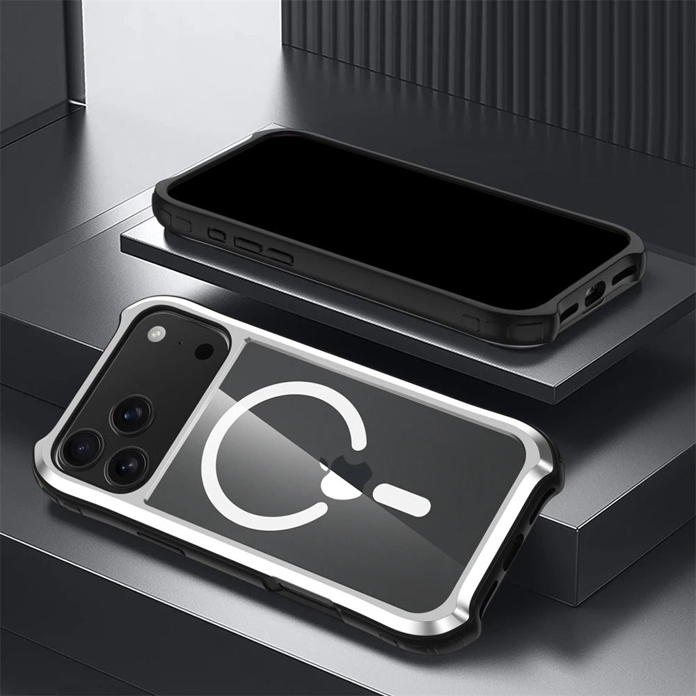 Luxury iPhone Case — Magnetic Aluminum-Frame Transparent Cover with Shockproof Hard PC Back and MagSafe Wireless-Charging Safe Design