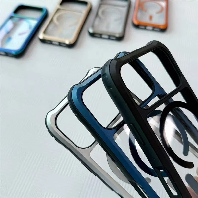 Luxury iPhone Case — Magnetic Aluminum-Frame Transparent Cover with Shockproof Hard PC Back and MagSafe Wireless-Charging Safe Design