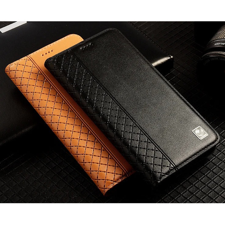 Luxury iPhone Case — Magnetic Flip Wallet Cover with Grid Pattern Cowhide Leather, Kickstand Function & Full-Protection TPU Bumper