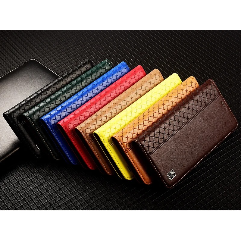 Luxury iPhone Case — Magnetic Flip Wallet Cover with Grid Pattern Cowhide Leather, Kickstand Function & Full-Protection TPU Bumper