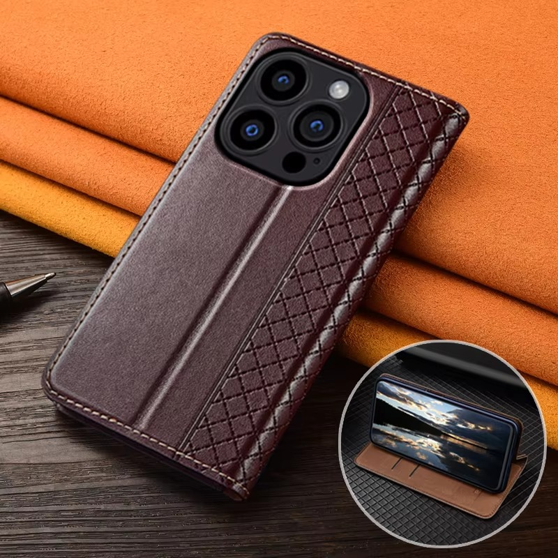 Luxury iPhone Case — Magnetic Flip Wallet Cover with Grid Pattern Cowhide Leather, Kickstand Function & Full-Protection TPU Bumper