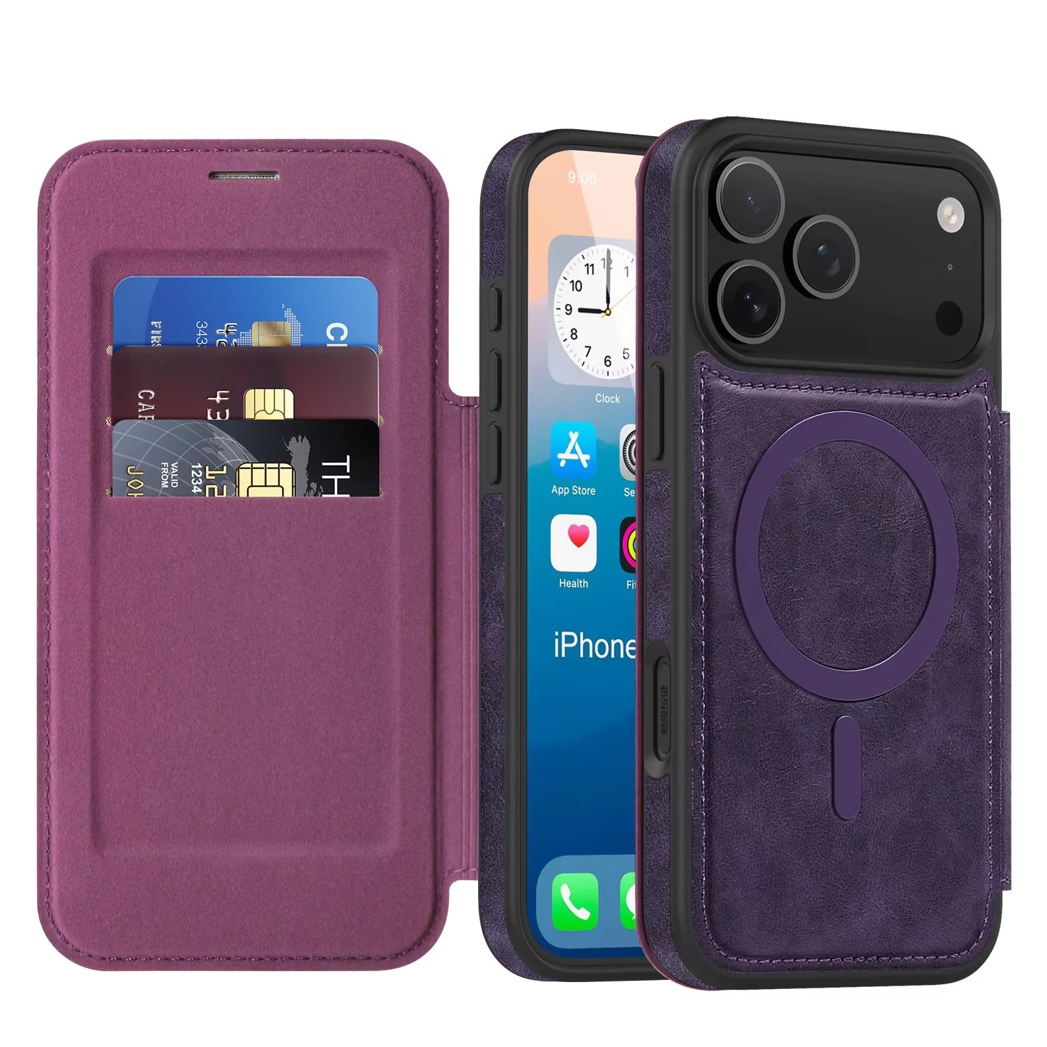 Luxury iPhone Case — Magnetic RFID-Blocking Flip Leather Wallet Cover with Kickstand, Card Storage, Shockproof Dual-Layer Protection and Wireless-Charging Compatibility