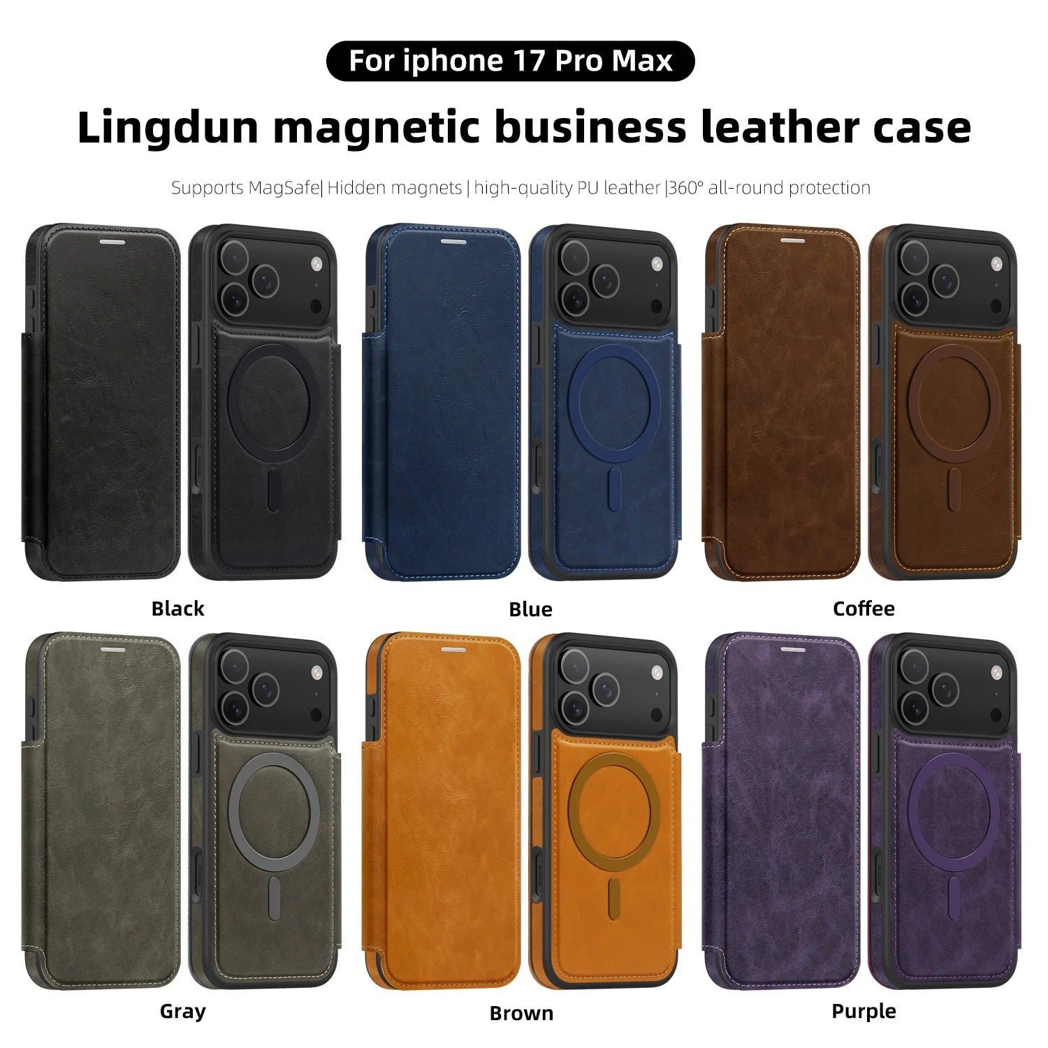 Luxury iPhone Case — Magnetic RFID-Blocking Flip Leather Wallet Cover with Kickstand, Card Storage, Shockproof Dual-Layer Protection and Wireless-Charging Compatibility