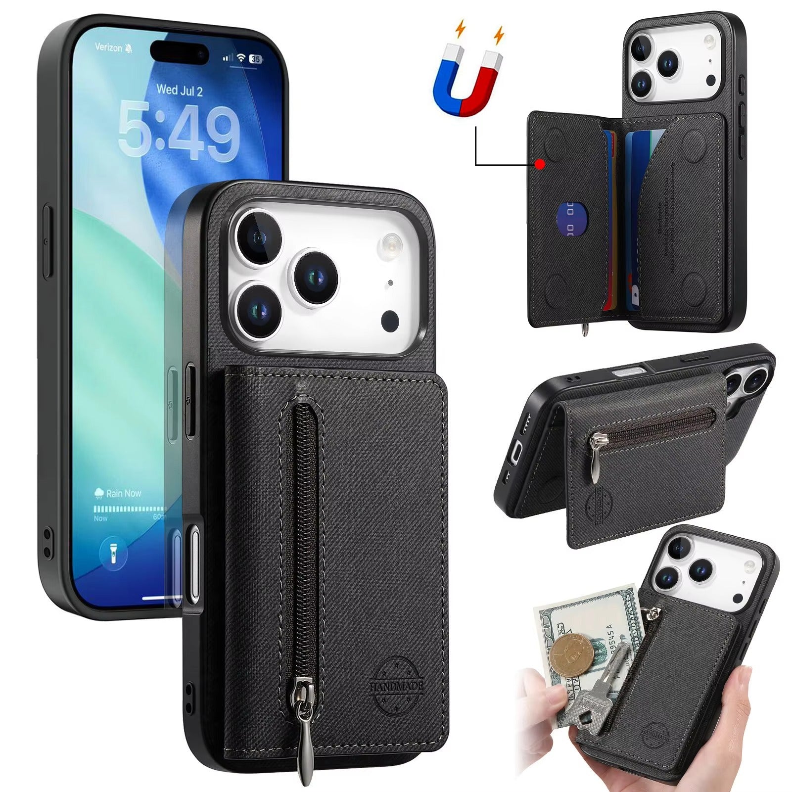 Luxury iPhone Case — Magnetic RFID-Blocking PU Leather Wallet Cover with Zipper Card Holder, Shockproof Anti-Fingerprint Dustproof Design