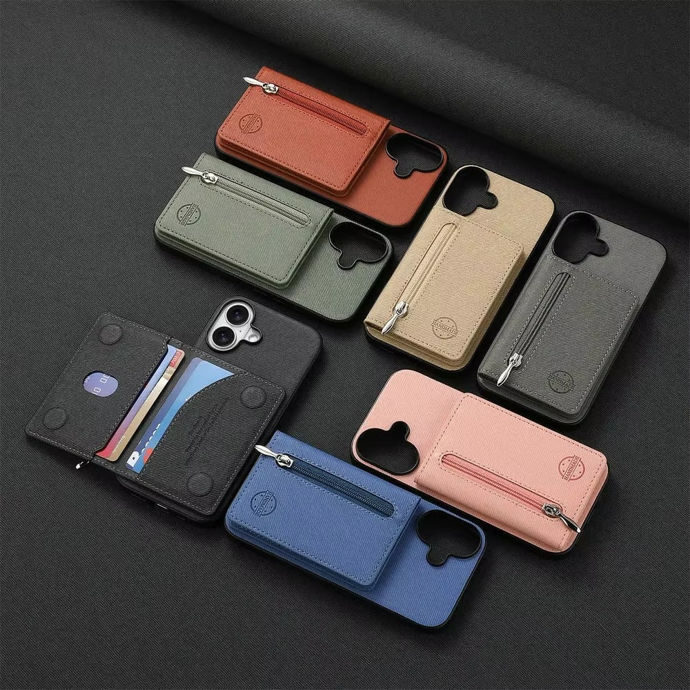 Luxury iPhone Case — Magnetic RFID-Blocking PU Leather Wallet Cover with Zipper Card Holder, Shockproof Anti-Fingerprint Dustproof Design