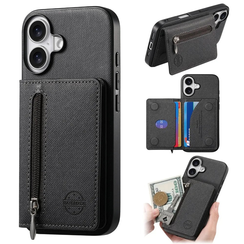 Luxury iPhone Case — Magnetic RFID-Blocking PU Leather Wallet Cover with Zipper Card Holder, Shockproof Anti-Fingerprint Dustproof Design