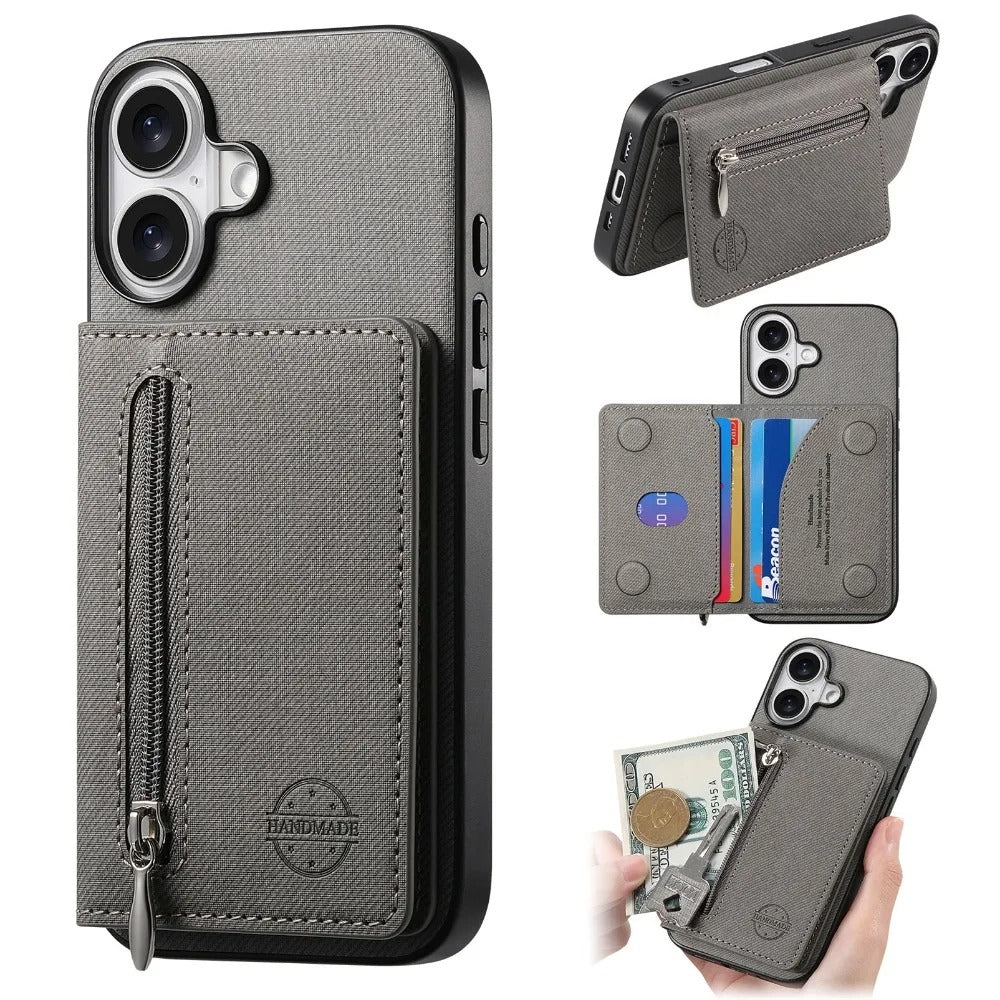 Luxury iPhone Case — Magnetic RFID-Blocking PU Leather Wallet Cover with Zipper Card Holder, Shockproof Anti-Fingerprint Dustproof Design