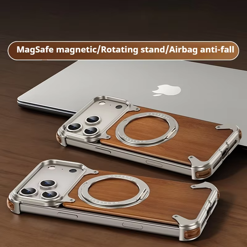 Luxury iPhone Case — Magnetic Solid Wood Cover with 360° Rotating Ring Stand, Aluminum Frame, Shock-Absorbing Lightweight Non-Slip Design