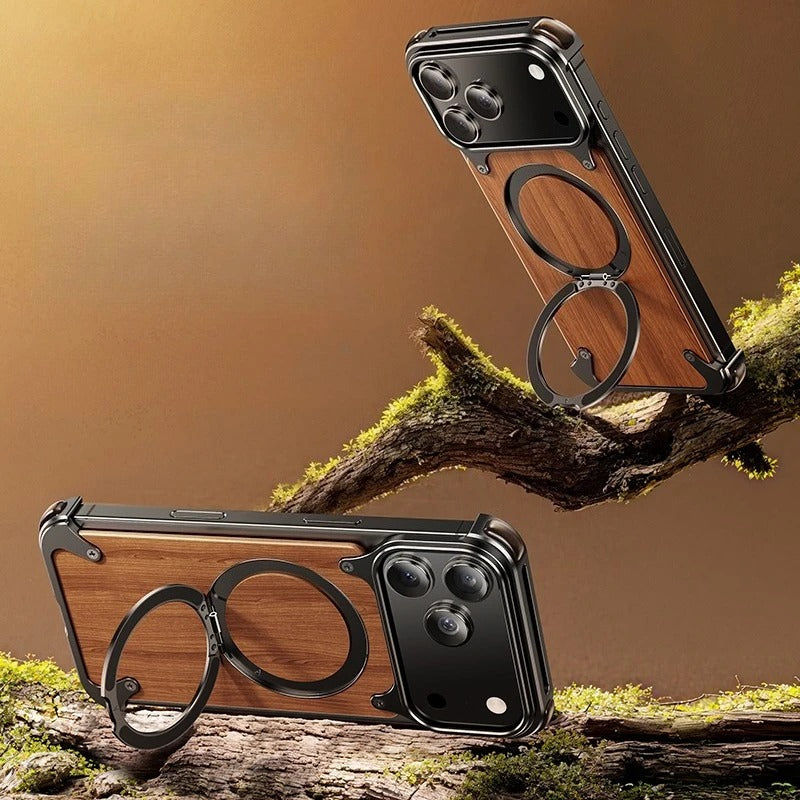 Luxury iPhone Case — Magnetic Solid Wood Cover with 360° Rotating Ring Stand, Aluminum Frame, Shock-Absorbing Lightweight Non-Slip Design