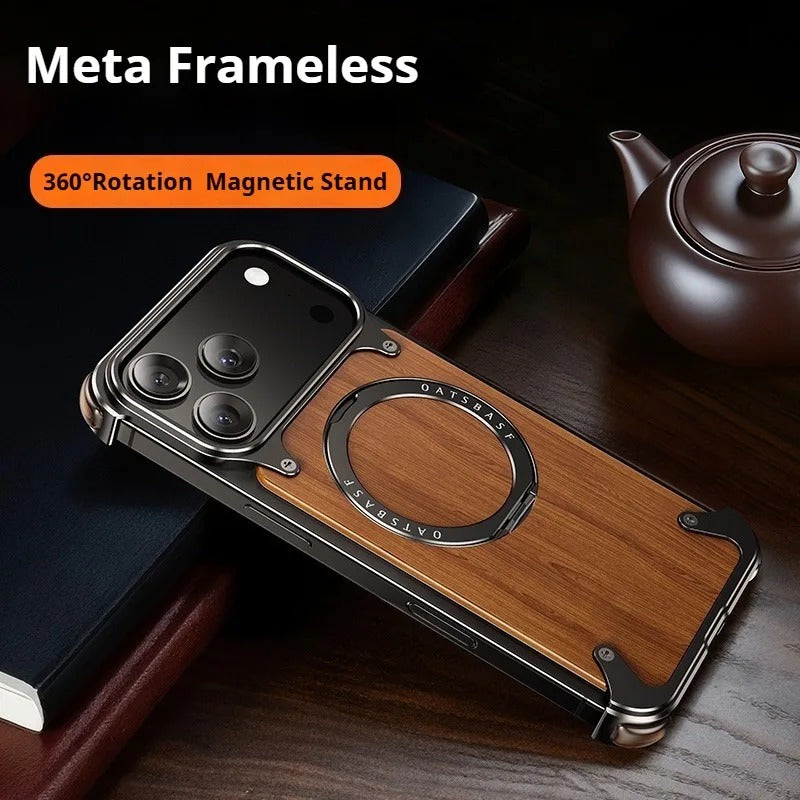 Luxury iPhone Case — Magnetic Solid Wood Cover with 360° Rotating Ring Stand, Aluminum Frame, Shock-Absorbing Lightweight Non-Slip Design