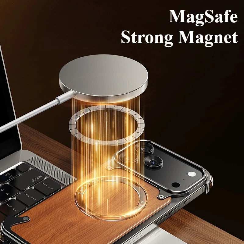Luxury iPhone Case — Magnetic Solid Wood Cover with 360° Rotating Ring Stand, Aluminum Frame, Shock-Absorbing Lightweight Non-Slip Design