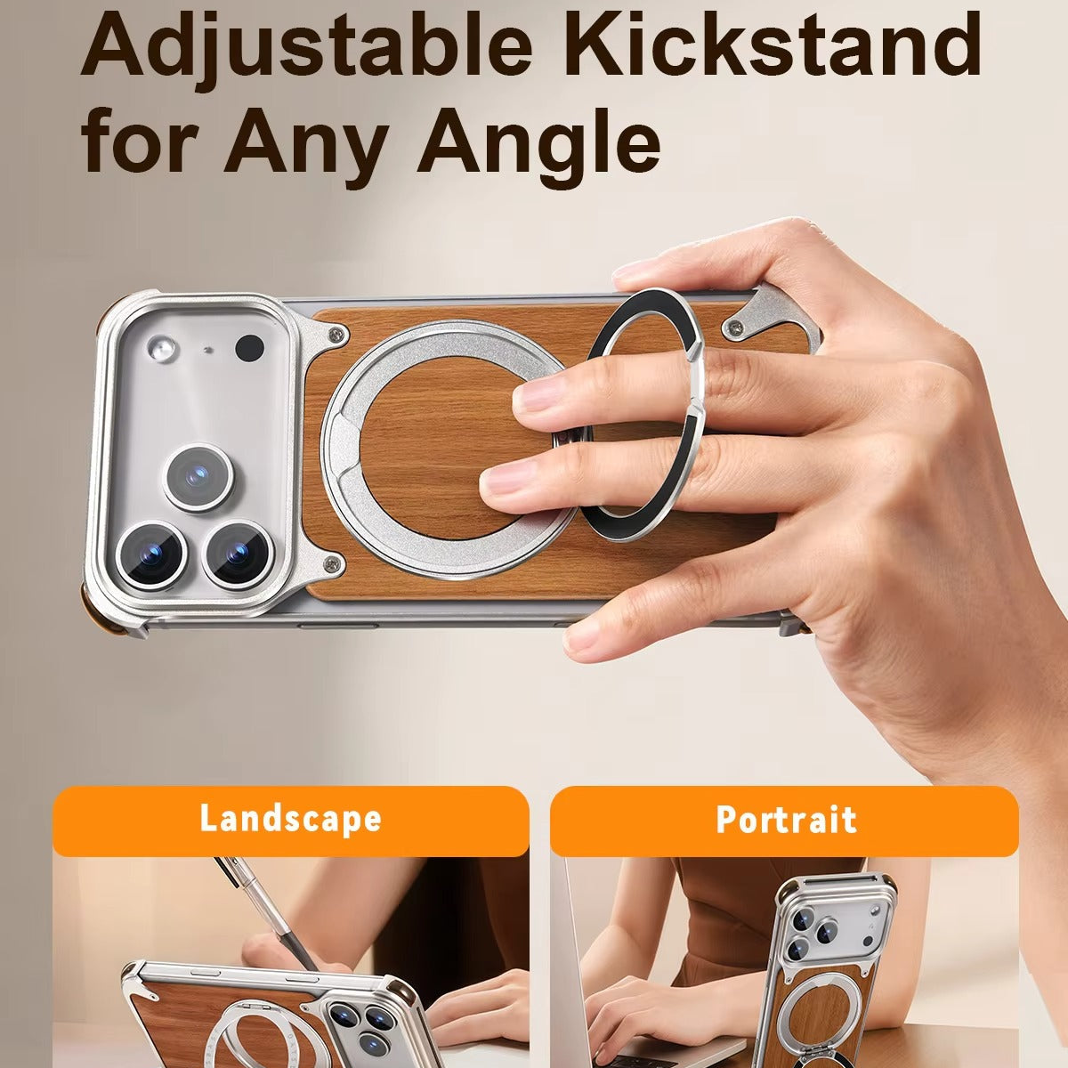 Luxury iPhone Case — Magnetic Solid Wood Cover with 360° Rotating Ring Stand, Aluminum Frame, Shock-Absorbing Lightweight Non-Slip Design