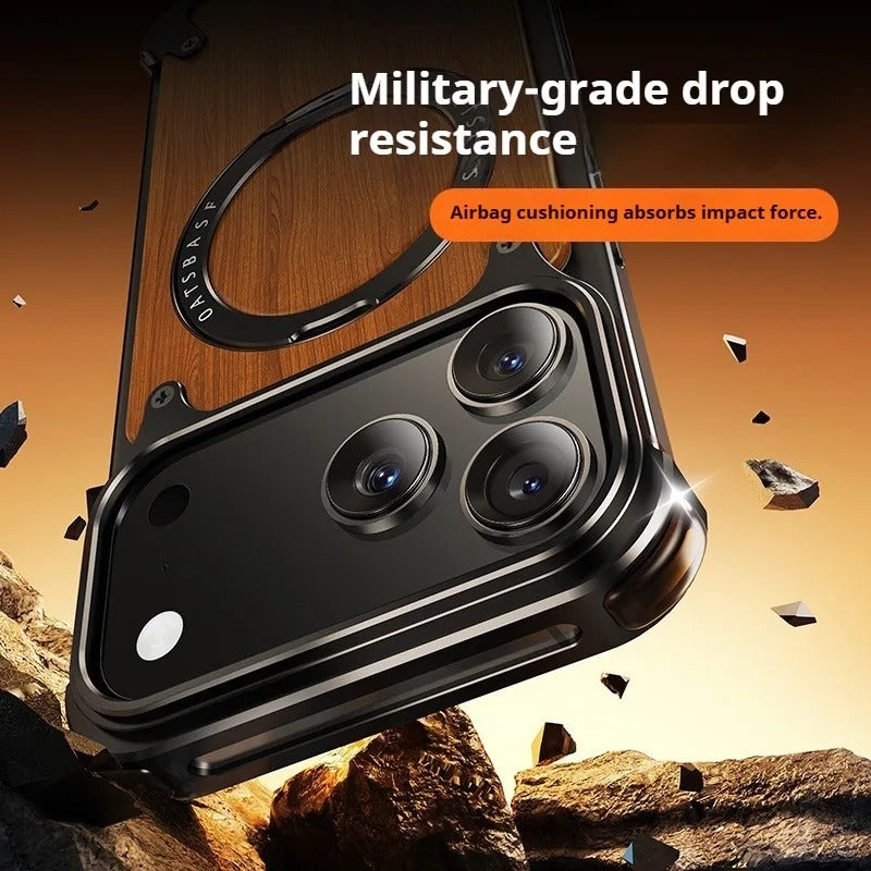 Luxury iPhone Case — Magnetic Solid Wood Cover with 360° Rotating Ring Stand, Aluminum Frame, Shock-Absorbing Lightweight Non-Slip Design