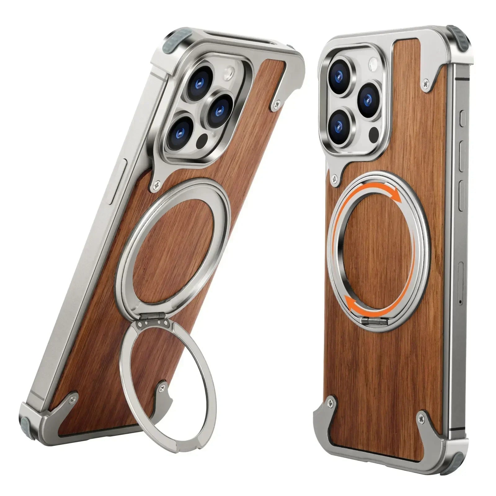 Luxury iPhone Case — Magnetic Solid Wood Cover with 360° Rotating Ring Stand, Aluminum Frame, Shock-Absorbing Lightweight Non-Slip Design