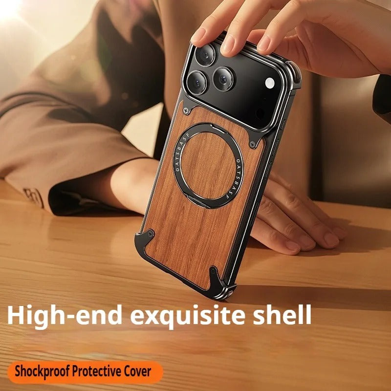 Luxury iPhone Case — Magnetic Solid Wood Cover with 360° Rotating Ring Stand, Aluminum Frame, Shock-Absorbing Lightweight Non-Slip Design