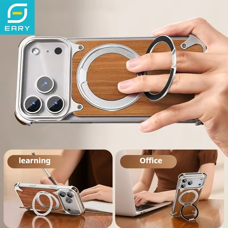 Luxury iPhone Case — Magnetic Solid Wood Cover with 360° Rotating Ring Stand, Aluminum Frame, Shock-Absorbing Lightweight Non-Slip Design