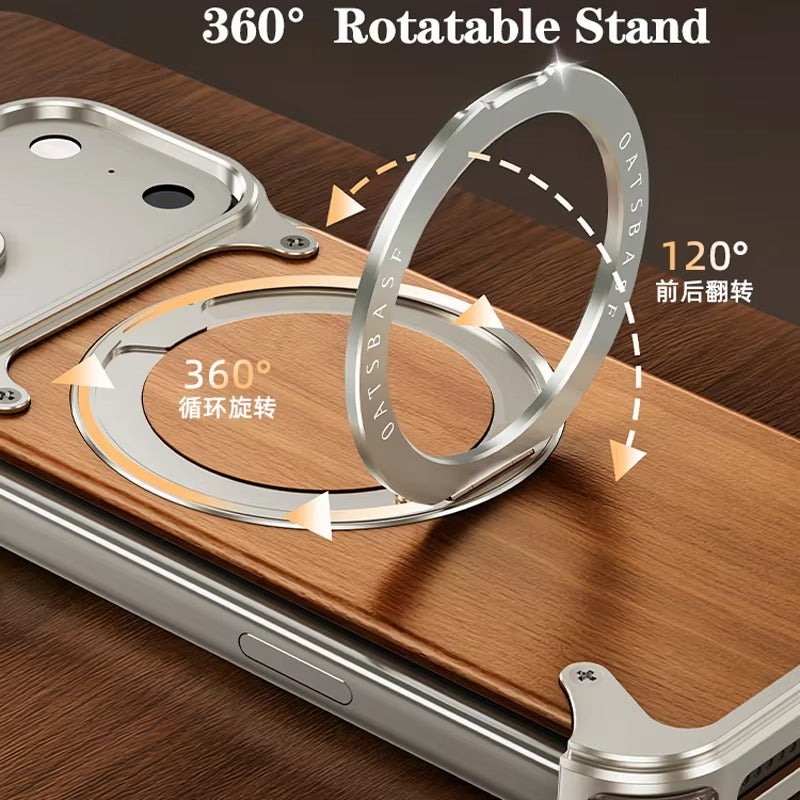 Luxury iPhone Case — Magnetic Solid Wood Cover with 360° Rotating Ring Stand, Aluminum Frame, Shock-Absorbing Lightweight Non-Slip Design
