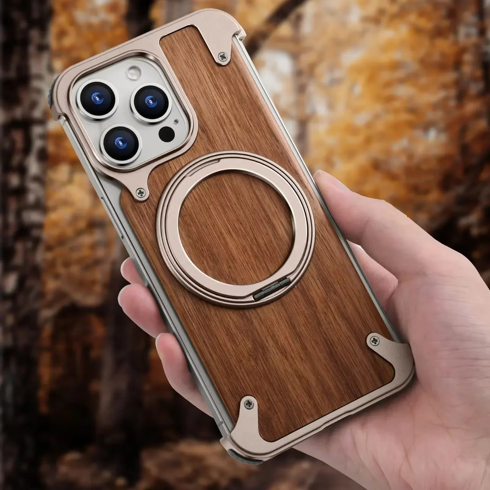 Luxury iPhone Case — Magnetic Solid Wood Cover with 360° Rotating Ring Stand, Aluminum Frame, Shock-Absorbing Lightweight Non-Slip Design