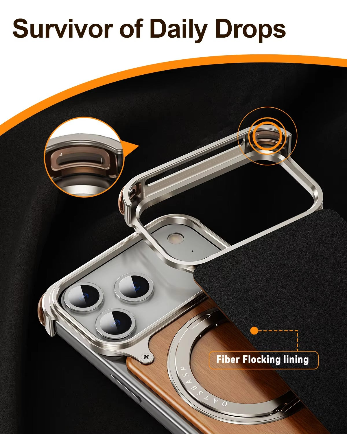 Luxury iPhone Case — Magnetic Solid Wood Cover with 360° Rotating Ring Stand, Aluminum Frame, Shock-Absorbing Lightweight Non-Slip Design