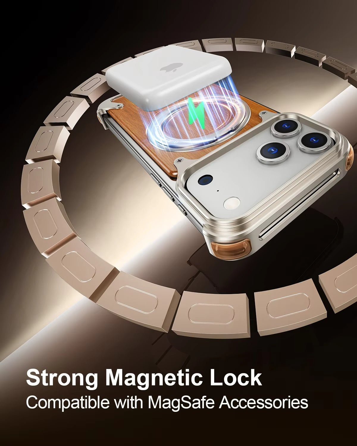 Luxury iPhone Case — Magnetic Solid Wood Cover with 360° Rotating Ring Stand, Aluminum Frame, Shock-Absorbing Lightweight Non-Slip Design