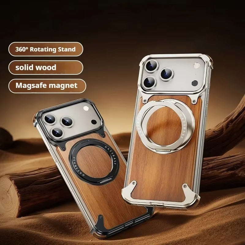 Luxury iPhone Case — Magnetic Solid Wood Cover with 360° Rotating Ring Stand, Aluminum Frame, Shock-Absorbing Lightweight Non-Slip Design