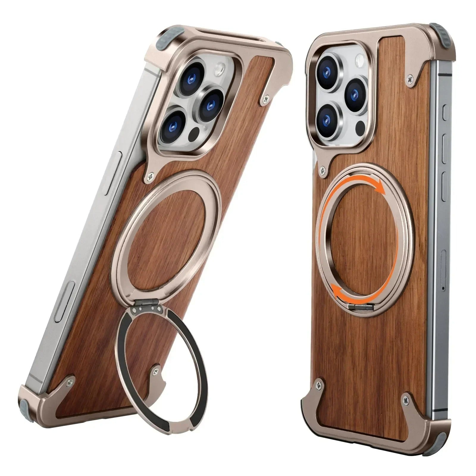 Luxury iPhone Case — Magnetic Solid Wood Cover with 360° Rotating Ring Stand, Aluminum Frame, Shock-Absorbing Lightweight Non-Slip Design