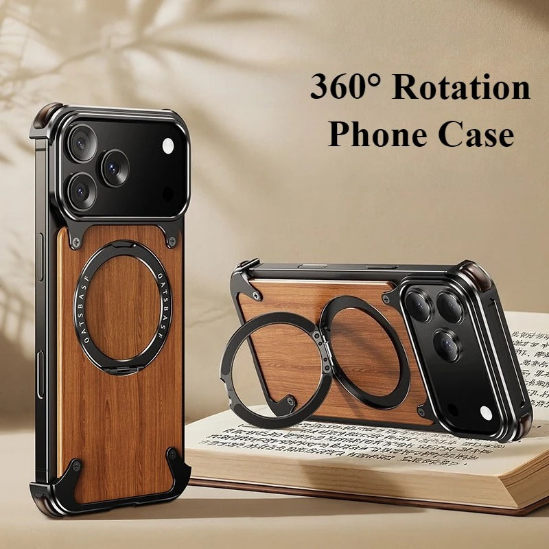 Luxury iPhone Case — Magnetic Solid Wood Cover with 360° Rotating Ring Stand, Aluminum Frame, Shock-Absorbing Lightweight Non-Slip Design