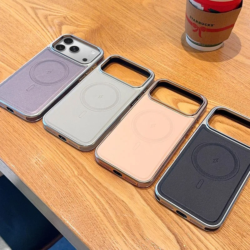 Luxury iPhone Case — Magnetic, Shockproof Leather Cover with Plating Frame, Original Business Design and MagSafe Wireless Charging Support