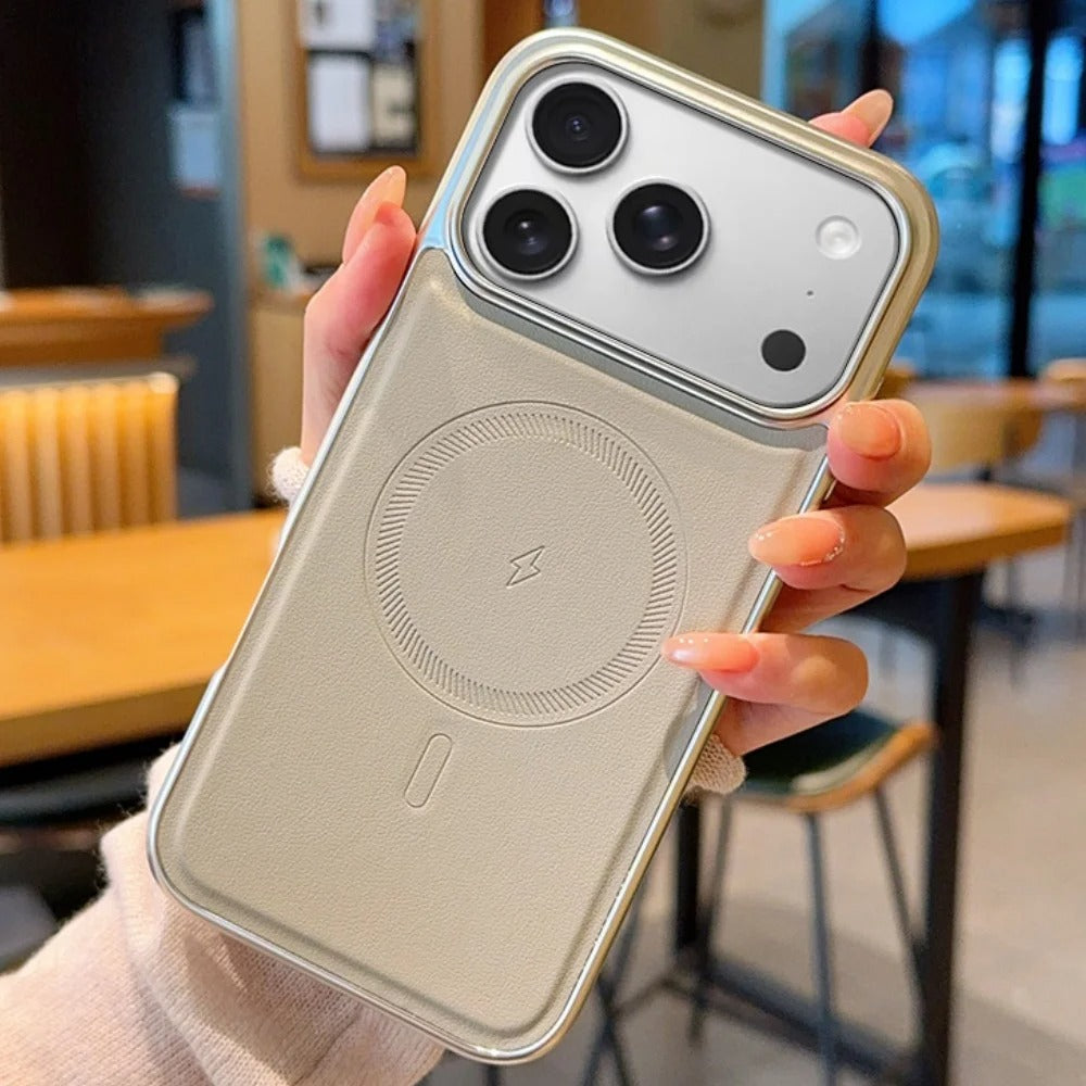 Luxury iPhone Case — Magnetic, Shockproof Leather Cover with Plating Frame, Original Business Design and MagSafe Wireless Charging Support