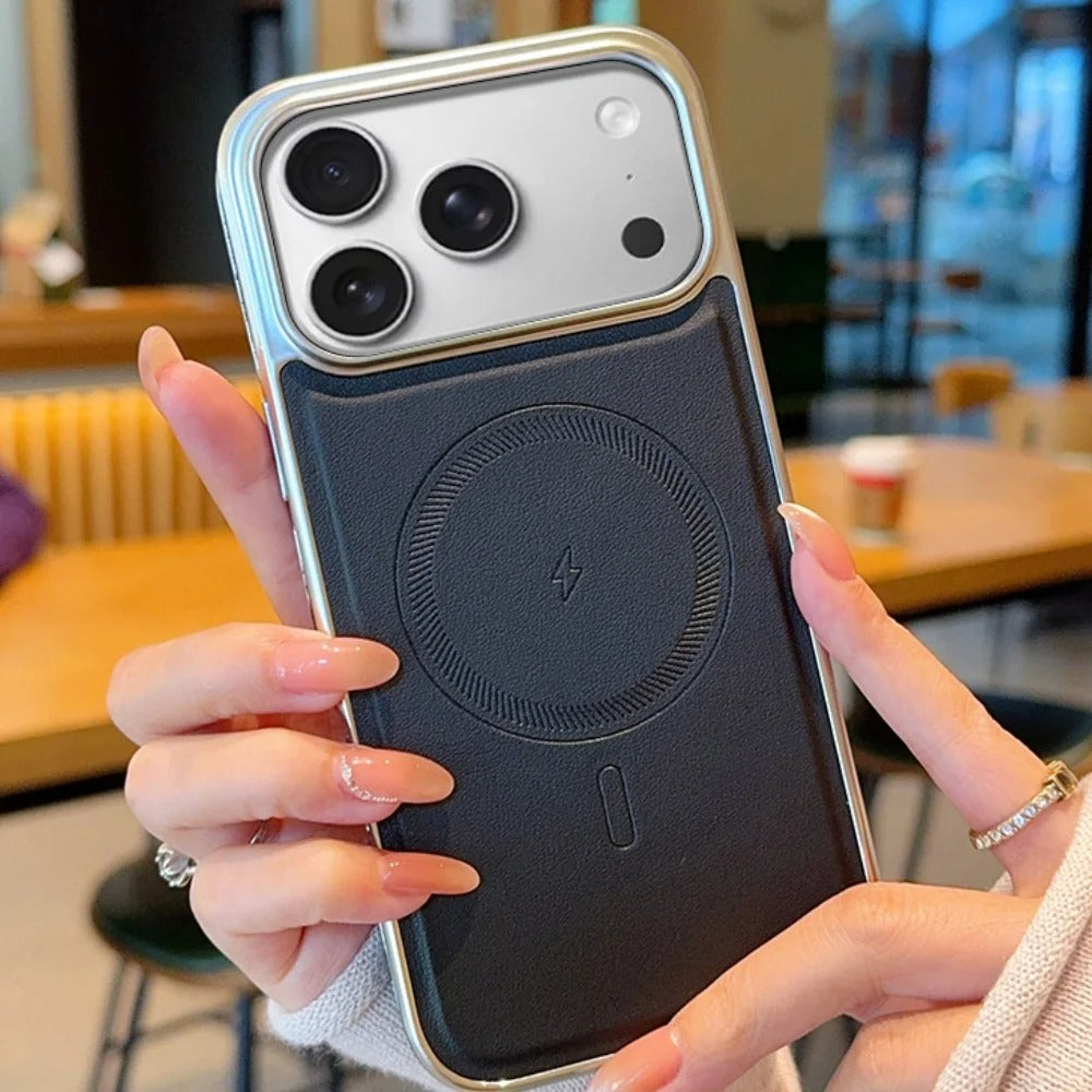 Luxury iPhone Case — Magnetic, Shockproof Leather Cover with Plating Frame, Original Business Design and MagSafe Wireless Charging Support