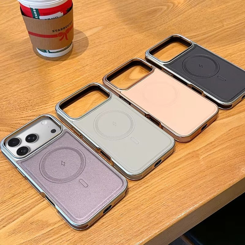 Luxury iPhone Case — Magnetic, Shockproof Leather Cover with Plating Frame, Original Business Design and MagSafe Wireless Charging Support