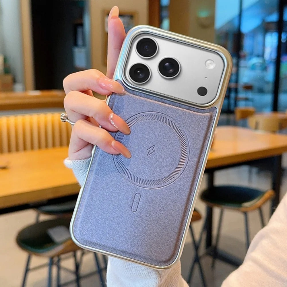 Luxury iPhone Case — Magnetic, Shockproof Leather Cover with Plating Frame, Original Business Design and MagSafe Wireless Charging Support